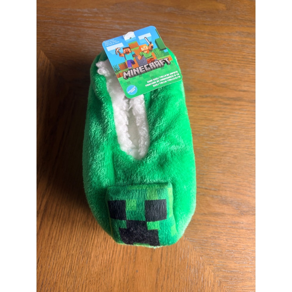 Minecraft Creeper Snuggle Toes Kids Green Plush Slippers S/M 8-13 NWT